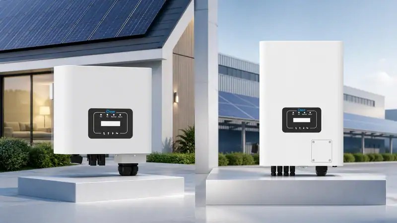 Deye single-phase inverter installed at a home on the left, Deye three-phase inverter installed at a commercial building on the right